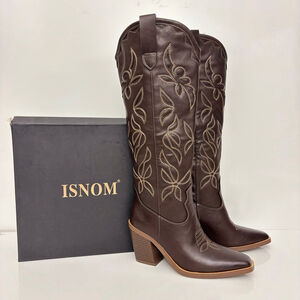 ISNOM Knee High Embroidered Cowboy Boots Dark Brown Western 3” Heel US 6 NWB